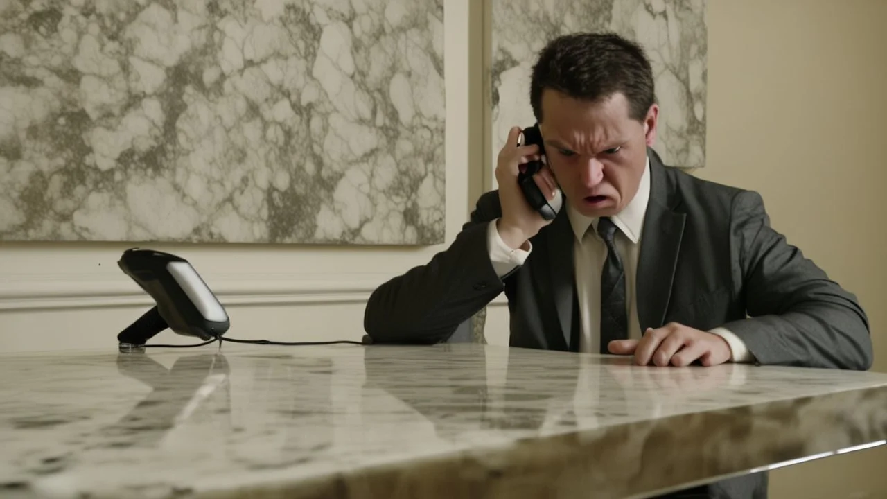 angry guy on phone at incomplete table next to marble tabletop