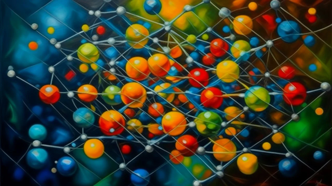 Oil painting, Detailed molecular structure of dysprosium element, showing individual atoms and bonds in a crystal lattice formation, vibrant color palette, creative, extremely detailed brush stroke