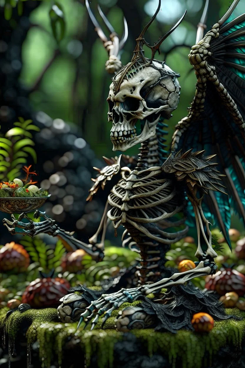 terrifying winged lich skeleton dragon with rattle snake head in deep swampy jungle breathing magical fruit soup, in the style of fantasy movies, photorealistic, shot on Hasselblad h6d-400c, zeiss prime lens, bokeh like f/0.8, tilt-shift lens 8k, high detail, smooth render, unreal engine 5, cinema 4d, HDR, dust effect, vivid colors