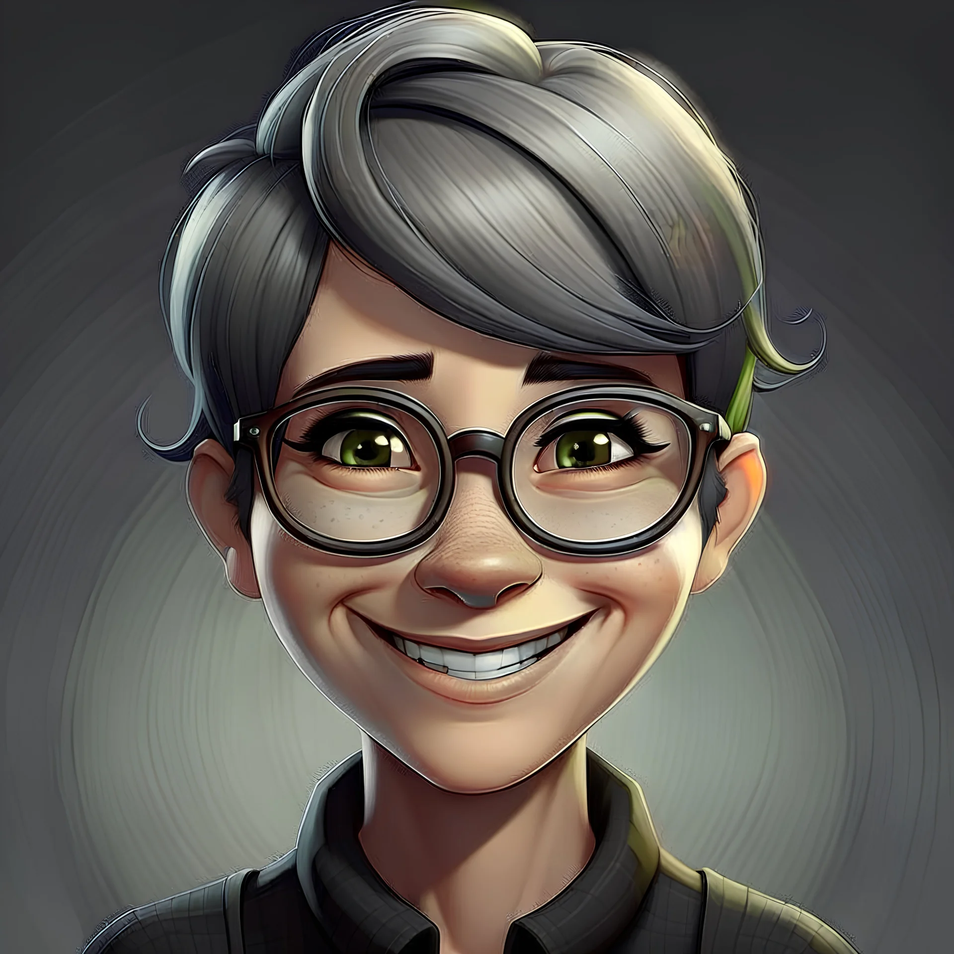 portrait a woman round face smiling thick lips pixie gray hair cut big black round glasses Pixar style