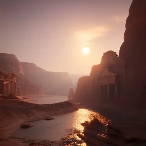 Petra, Ürdün, sunset, springs, beautiful, realistic, hyper detailed, unreal engine 5, octane render