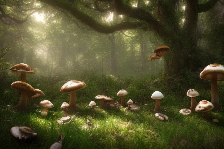 enchanted forest, rabbits, squirrels, mushroom, fairies