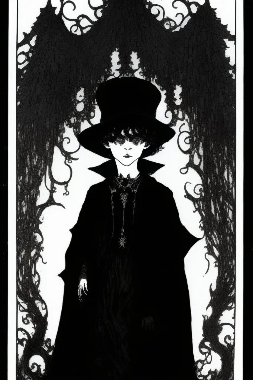 7 year old boy, necromancer, friendly, looks dead, surrounded by weird smoke with eyes, wearing black robes, in the style of Harry Clarke