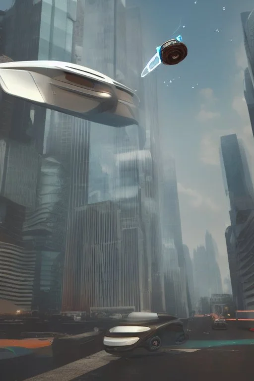 A flying car being drived by a robot between buildings in future city.