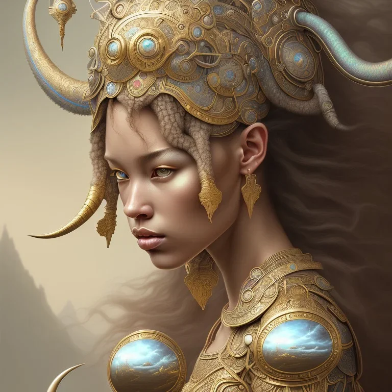 Sango fantasy, fantasy magic, intricate, sharp focus, illustration, highly detailed, digital painting, concept art, matte, art germ and Paul Lewin and Kehinde Wiley, masterpiece silver elephant head bronze Asian African girl nice breast Hawaiian hair turquoise golden waves