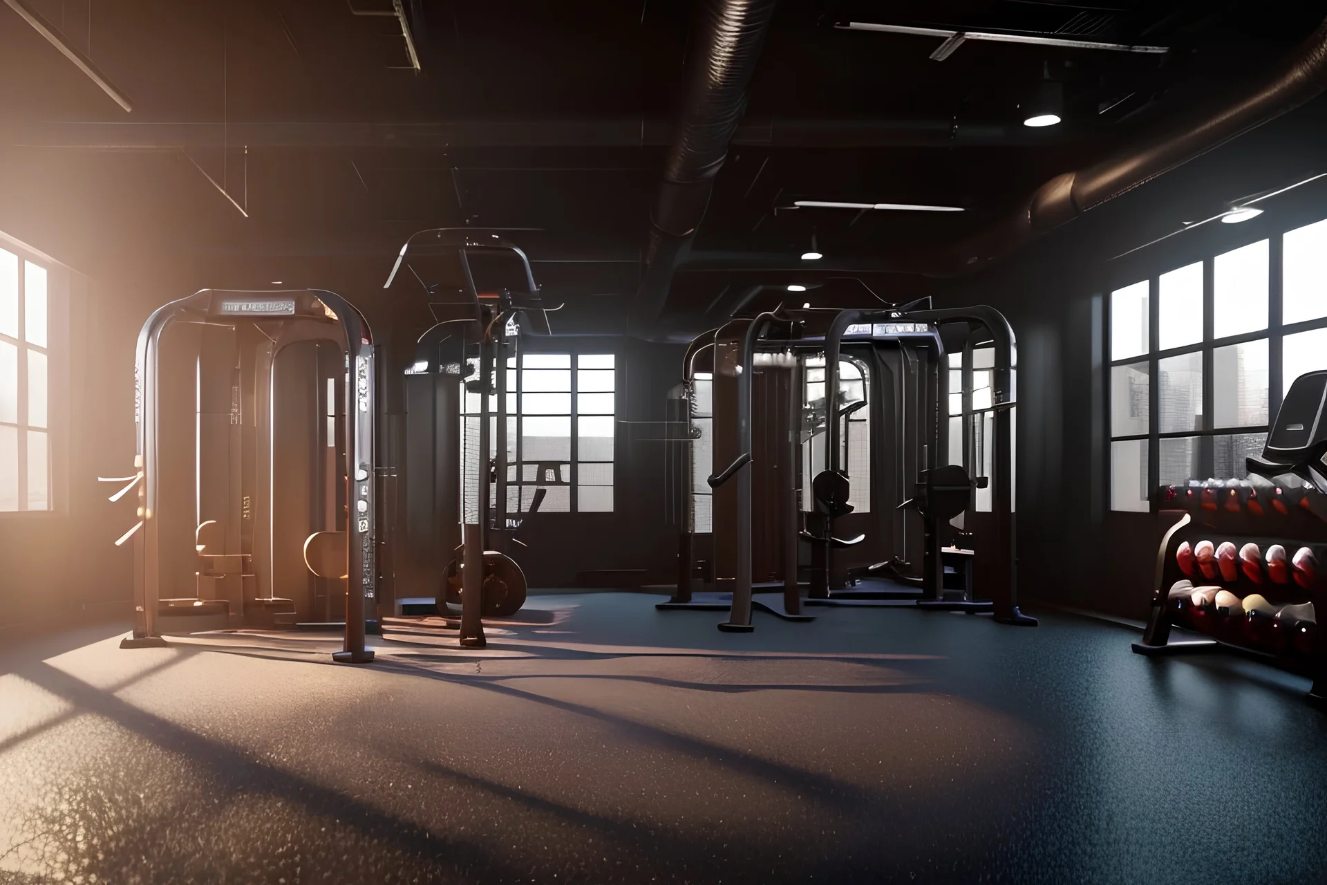 a photorealistic 3D concept art of a subterrean underground gym with someone training and someone exercising