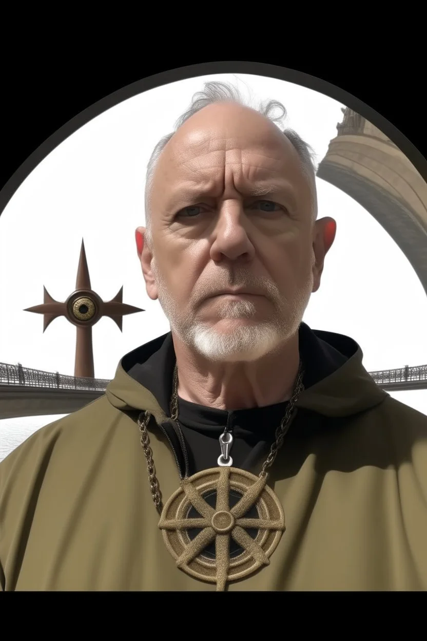 A brutal man witj bold head. He is dressed in beige and black Christian clothes. A large red pendant in the form of a constellation.