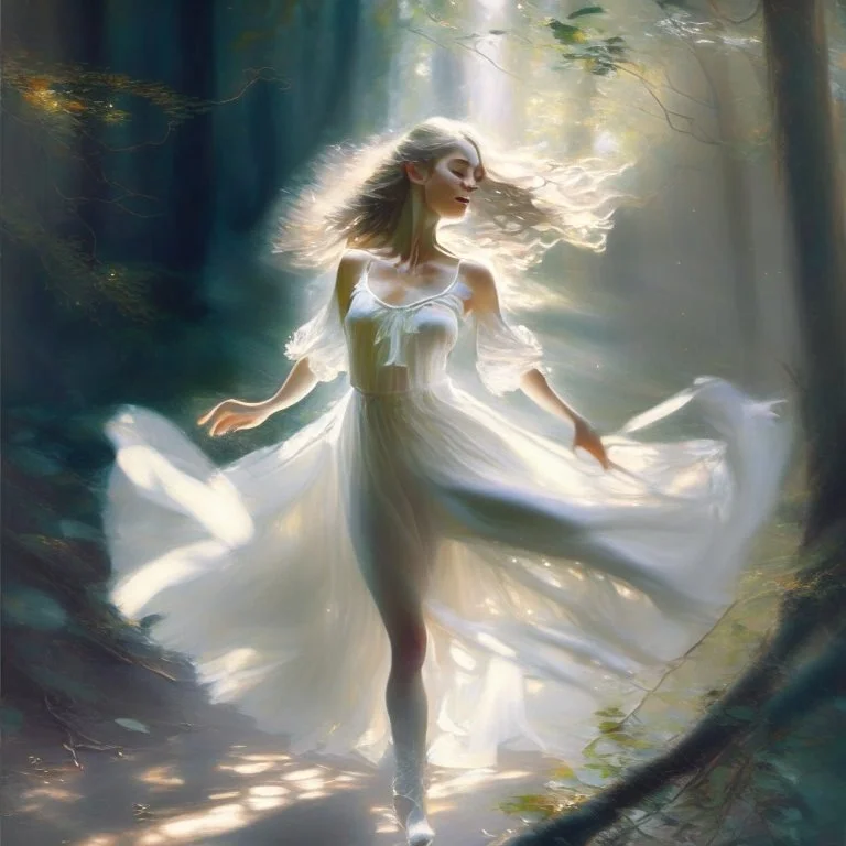 A sweet delicate music surrounding a gracious girl dancing barefoot in a forest, detailed beautiful face, she's wearing a white transparent dress, looks like a painting, volumetric lighting, depth of field