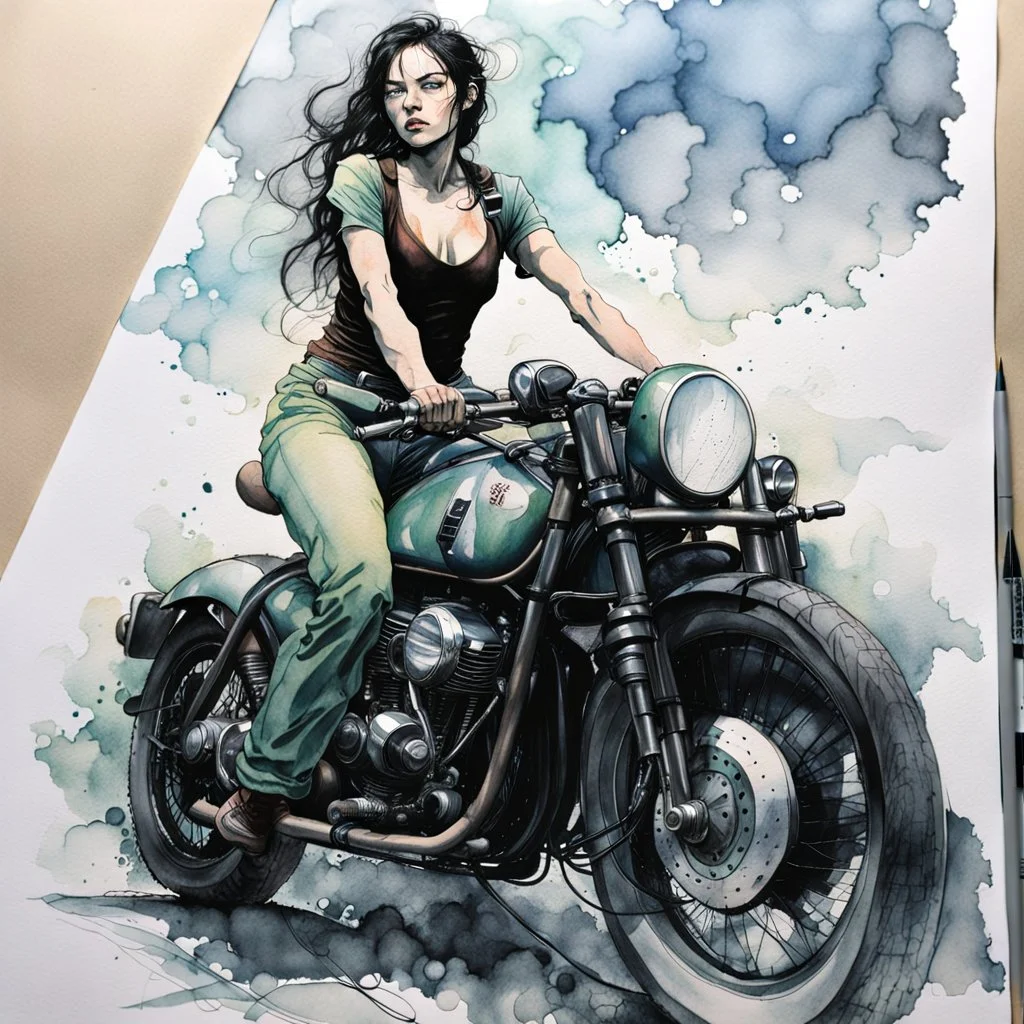 create a highly ethereal, darkly magical full body ink wash and watercolor illustration of a dark haired girl on her motorcycle, with highly detailed and deeply cut facial features, in the style of KATHE KOLLWITZ combined with the comic art style of BILL SIENKIEWICZ and JEAN GIRAUD MOEBIUS, searing lines and forceful strokes, precisely drawn, inked, and darkly colored