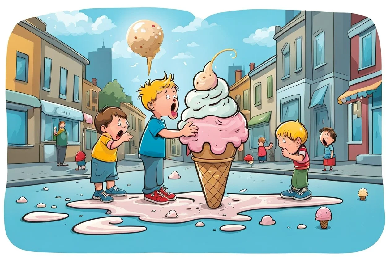 Fallen Ice-cream on the street in comic, caricature style, a dropped ice cream melting on street ground. Over standing a howling, crying little boy with big head. In backround adults with scared faces, people, funny birds. whimschical, detalied, funny comic picture