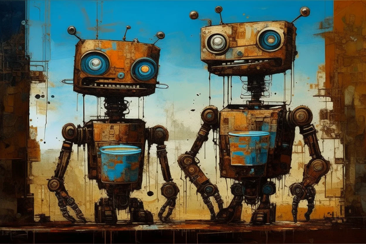 two crazy rusty scrappy robots drinking coffee in urban decay, negative space, wet print, ink leak, overheat, dramatic, cinematic, sudden jolt dynamics, amazing reflections and parallels and verticals, Afro-futurism, surreal futurist architecture art, surreal liminal space, tribal vibe and patterns, colors of light sky blue and beige and black