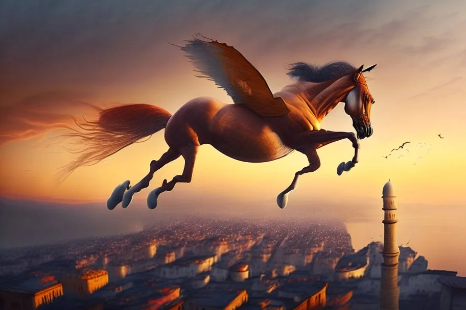 Ultra realistic vibrant half-human, half-horse creature (Centaur) flying after a dynamic jump in the sky before a Bird's-eye view of Istanbul at sunset, with Hagia Sofia visible, in the twilight, and fog and mist rolling in between the houses. Pastel brown and orange colors, sepia very attractive fantastic view