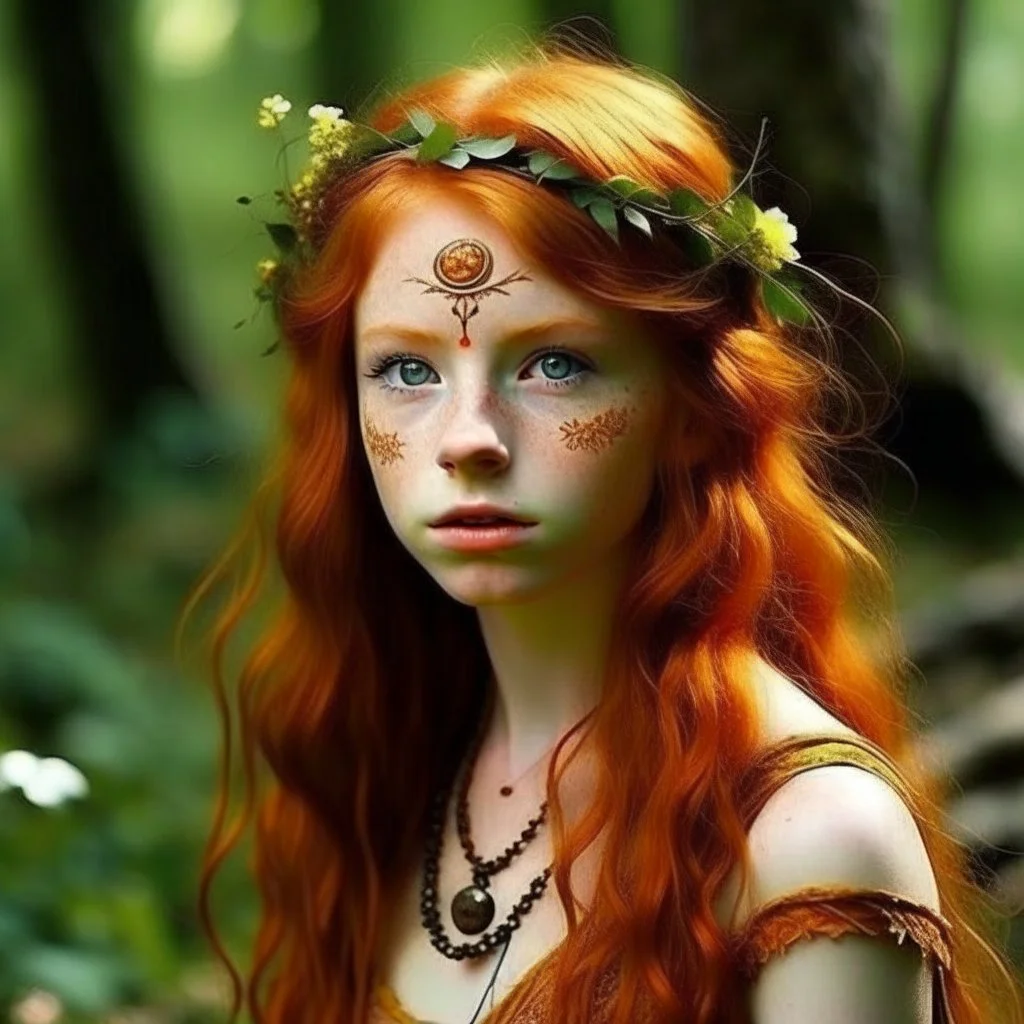 pretty girl, aged 19, ginger, conventionally attractive, dreamy, faun, satyr, tribal