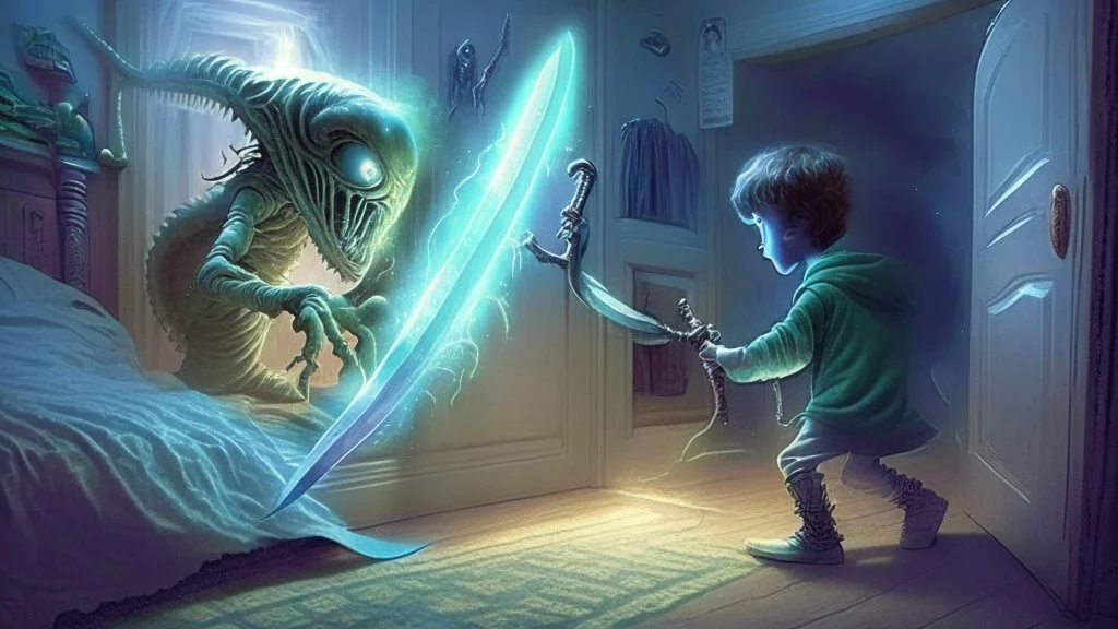 child knocks out the alien that came out of his closet with a magical sword