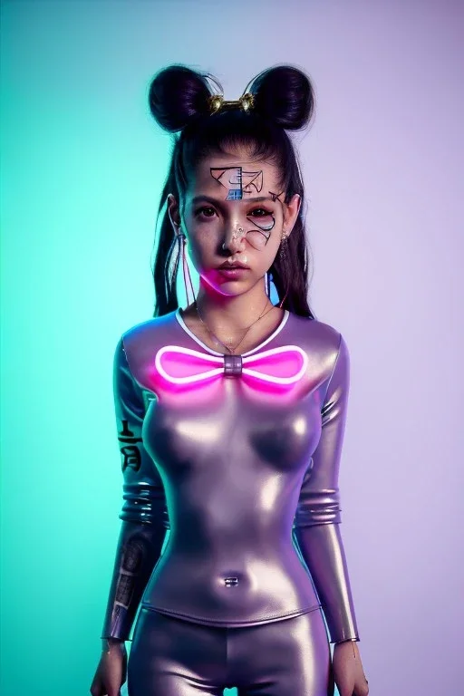 Ultra Realistic image, Rosalía artist, portrait, normal complexion, full yakuza tattoo body, natural small busty, two bows, little chopsticks hair ,black eye long liner, latex t-shirt, inflatable open coat, gold pink and blue style, spray line glow make up, geometric led jewelry, fog, hot, inflatable style latex coat, vibrant color, highly detailed, art stations, concept art, smooth, unreal engine 5, god rays, ray tracing, RTX, lumen lighting, ultra detail, volumetric lighting