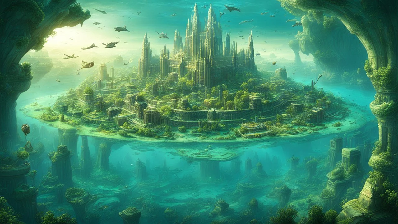 atlantis city under water, a lot of see trees