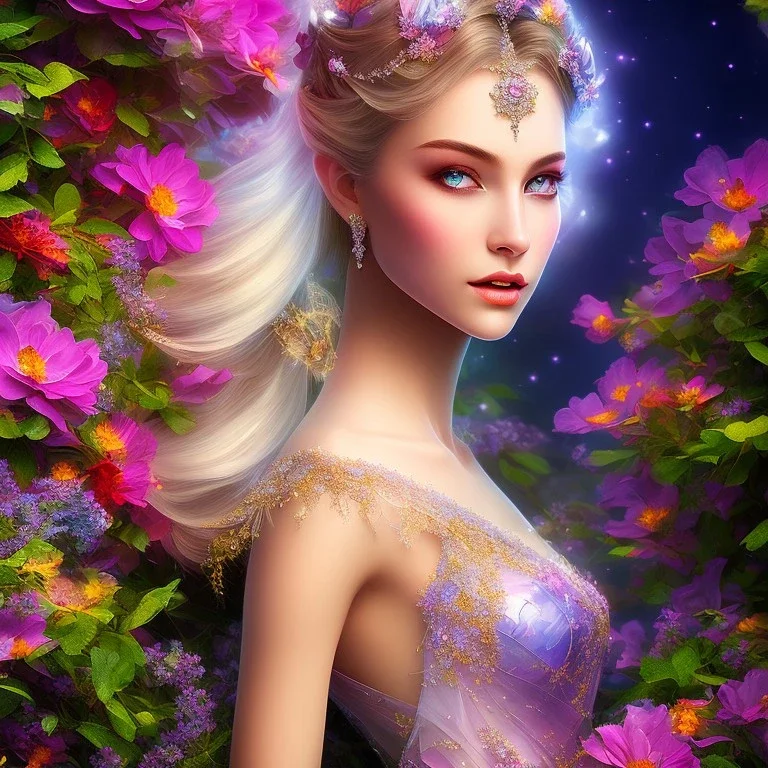 bright fairy, beautiful portrait, flowery landscape