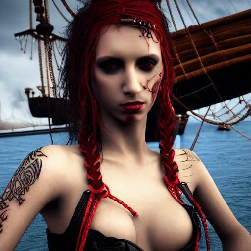 illustrator, hyper realistic, young spanish pirate girl, wet hair.lips red smiling. tatoos on neck. dressed in leather and carved bra. Many pirate ships in background. black flags. high details, thunderstorm. 4k, unreal engine, misty, tintoretto, model