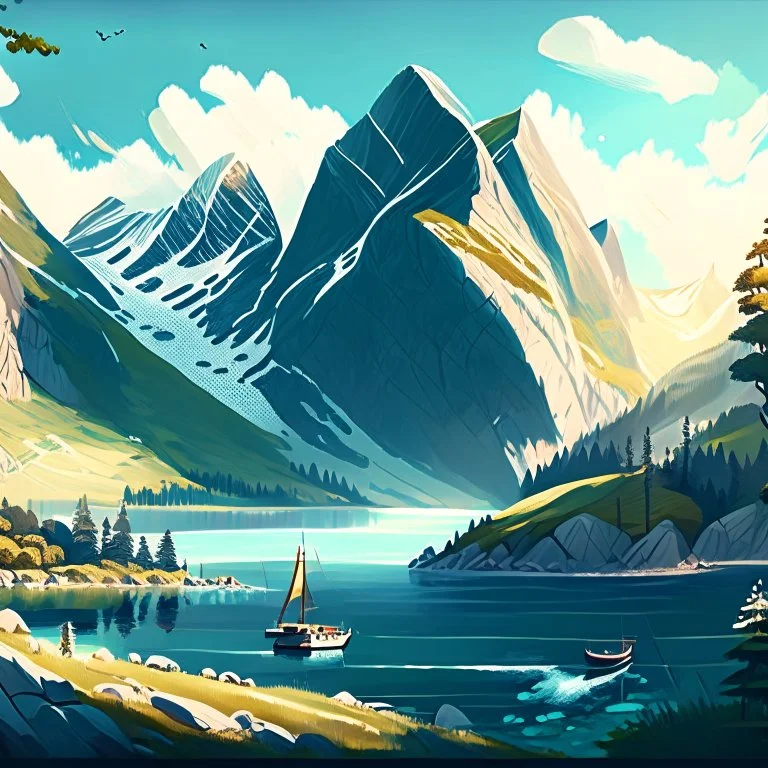 Create an illustration of a picturesque Norwegian landscape, featuring majestic mountains, serene fjords, and lush forests, capturing the natural beauty and tranquility of Norway that inspires creativity.