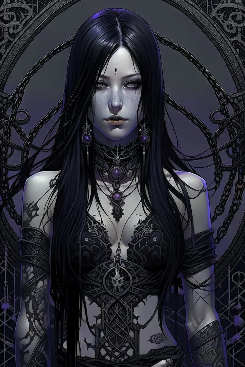 a woman with dark purple-black long hair and black tattoos on her body, a cold, indifferent expression, silver and black onyx jewelry, black lace dress, cybernetics, crepy stunning anthropomorphic female, Minjae Lee vibe, cbybernetic and etheral human, ancient deity, by Vincent Lefevre and Yoshitaka Amano, stunning 3d