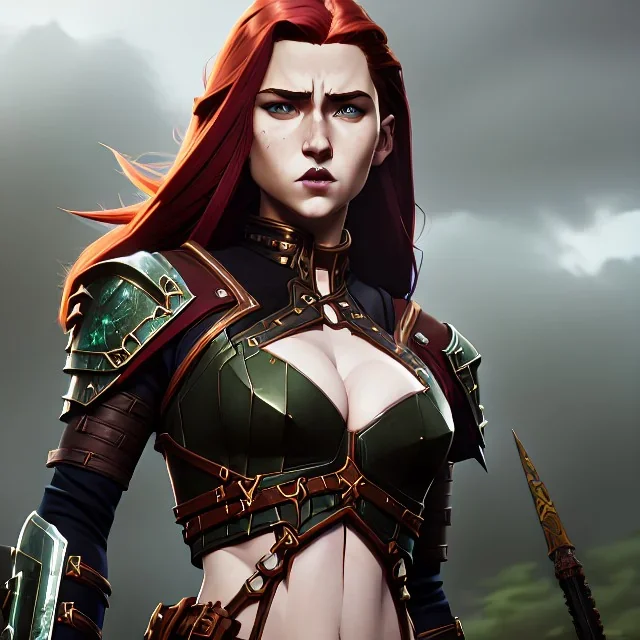 hyper realist, hyper detailed, stunningly beautiful teen girl, long ginger hair, green eyes, medium freckles, full lips, skimpy fantasy intricate leather armour, full body and head, c-cup breasts, aroused expression, biting lower lip, full frame, petite, centered camera, ignore NSFW