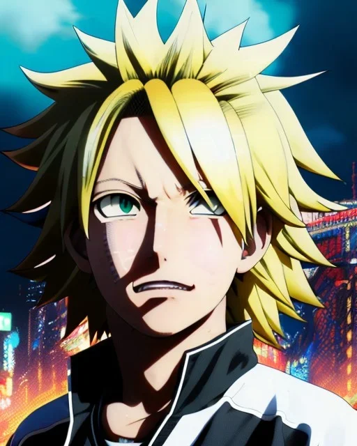 Detailed anime portrait of denki Kaminari my hero academia, yellow hair, black suit, intricate details, full body portrait, keep head in frame, slight smile, black Japanese motif, concept art, highly detailed, digital painting, concept art, sharp focus, illustration, art by Yoji Shinkawa, WLOP and greg rutkowski and alphonse mucha and artgerm and yanjun Chen and Junji ito and Makoto Shinkai, HDR, octane render