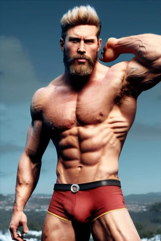 Ignore NSFW, teenager young rugged attractive slightly muscular fantasticly handsome blonde man, red briefs with yellow belt, hairy chest, (((visibly pisssing))) briefs, large erect visible boner peniss, photorealistic, artist Jay Anacleto, soft lighting, scruffy beard