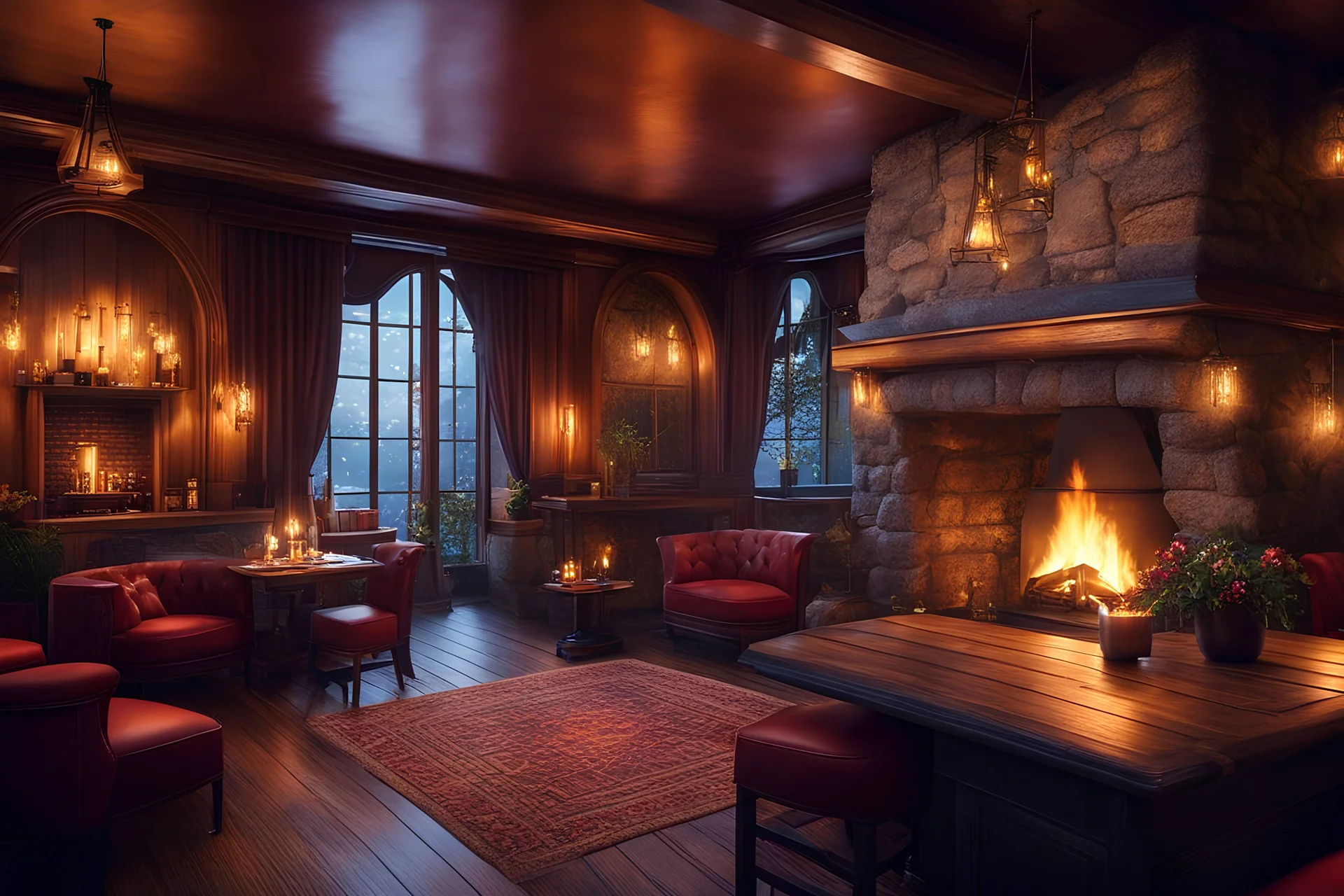 Cozy and Romantic Ambience inside of a charming Luxury charming tavern, crackling Fireplace, outside is Rainy, Realistic, warm color, satin color, stilizyed, silk color.