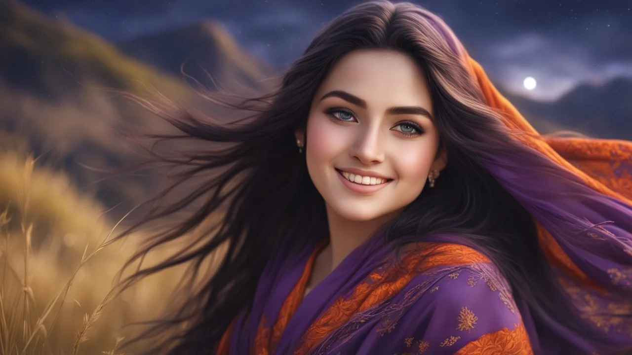 Hyper Realistic Close-up-face-view of a Beautiful Young Happy Pashto Girl with beautiful-eyes & long-black-hair smiling & wearing purple-&-orange-embroidery-dress-with-maroon-shawl whirling with breeze, tall-grass along with a thick-tree on mountain top & cloudy-moonlight at night showing dramatic & cinematic ambiance