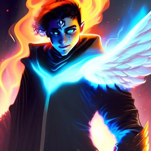 A 25 years boy persian in matte black robes with flaming eyes with grin with flaming light blue pupils stands atop a squire Two infinity gauntlets contain six infinity stones, one of which is made with nano In the hands of a powerful man walking While standing on a majestic height from afar With two big wings