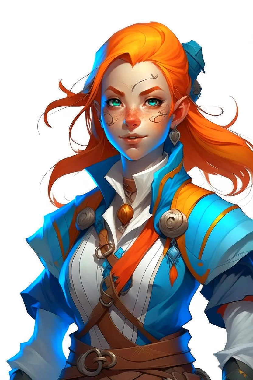 young female dnd air genasi pirate cleric with blue skin and orange ombre hair