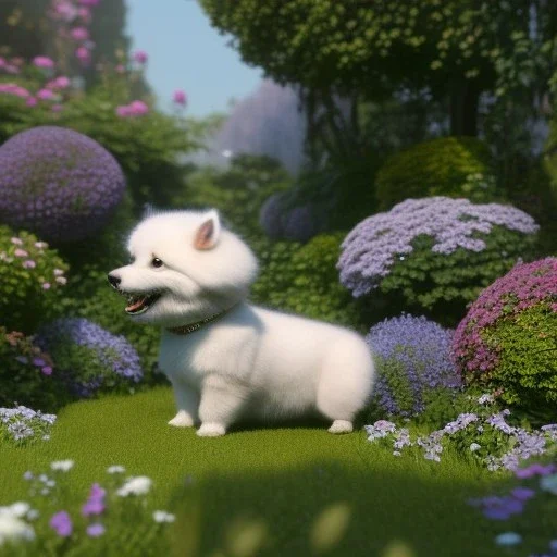 pixar style, volumetric summer garden environment and background, realistic painting of cute dog, looking excited, volumetric lighting, dramatic lighting, detailed digital painting, extreme dense and fine fur, anime, ornate, colour-washed colors, elegant, small minutiae, tiny features, particulars, centered, smooth, sharp focus, renderman gofur render, 8k, uhd, detailed eyes, realistic shaded volumetric lighting, sunlight caustics, backlight, centered camera view