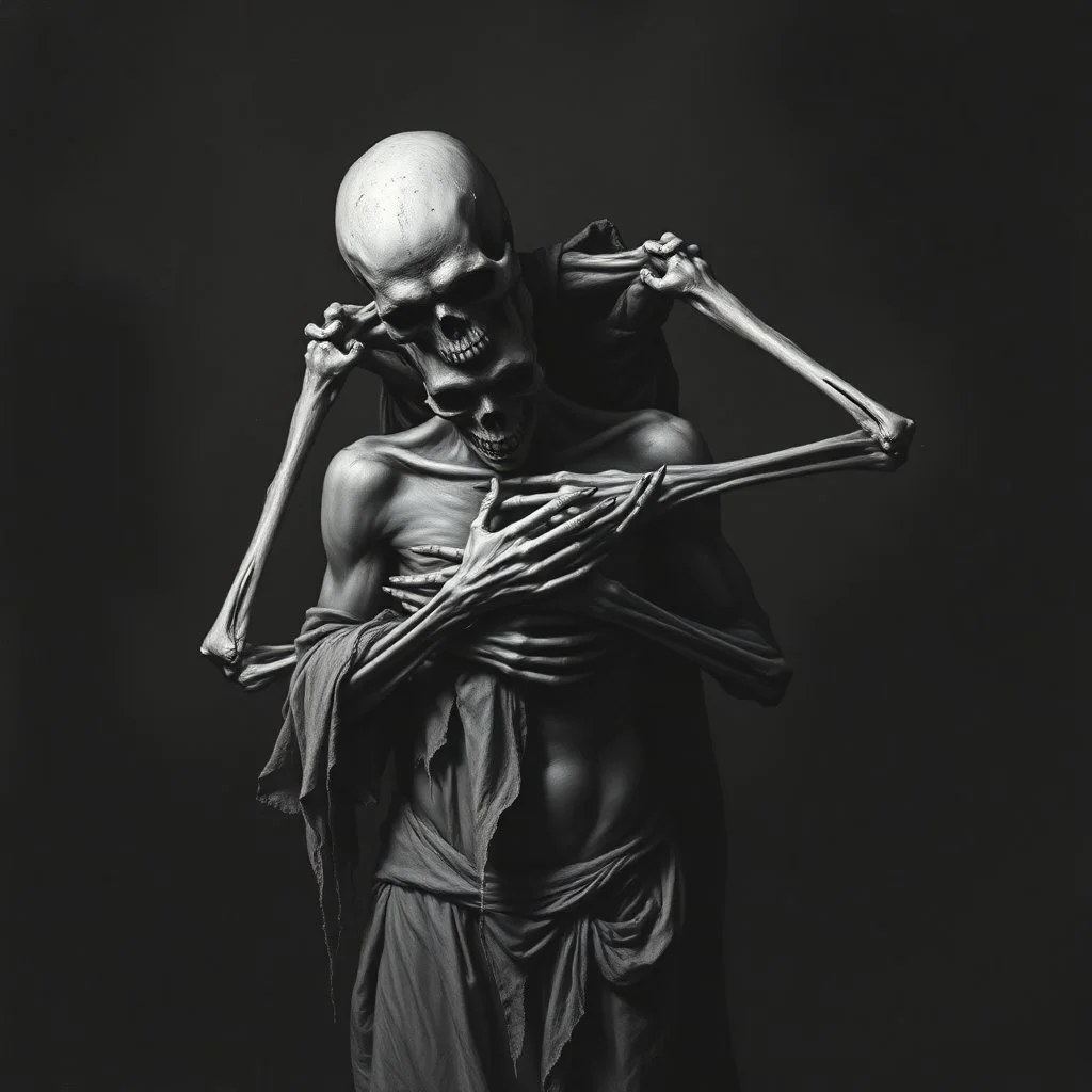 The image is a dark, haunting, monochromatic artwork that portrays a skeletal figure embracing or overpowering a human-like strong male figure. The skeletal entity looms from behind, its bony arms wrapped around the human, who appears to be partially draped in tattered cloth and in a state of despair or submission. ...