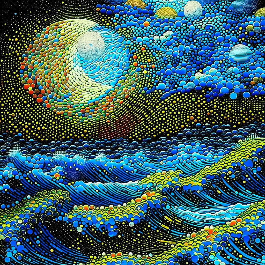 Pointillist artwork. Medium shot. Animated waves and storm clouds partially occlude the huge moon in a nighttime sea storm. Wide angle lens. Mikalojus Konstantinas Ciurlionis inspired pointillism with Miriam Schapiro's vibrant colors. Geometric shapes and patterns reminiscent of Naomi Okubo's style. Screen print textures and pop art aesthetic. Triadic colors with blue, yellow, and red hues. Golden hour glow with symmetrical composition. 8k resolution, highly detailed, trending on Artstation, fol