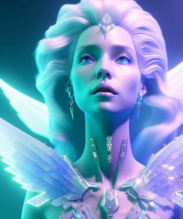 A crystalised queen, atmospheric, realistic, unreal engine, cinematic lighting, octane render. blue, pink, transparency, light, shine,bright, full body, transparent wings, blonde, long hair, smile