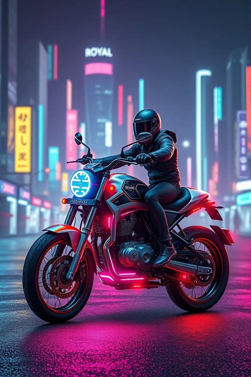 Design a futuristic Royal Enfield high technology design in the year 3025, future world,high technology fusion,hover bike,inspired by Syd Mead’s visionary style. futuristic elements with a high-tech, neon cyberpunk aesthetic. 1 man rider,lost neon city bgเส้นการเคลื่อนไหว, เส้นความเร็ว, ความลึกของระยะชัด, 32k , hyper resolution, hyper detailed, dynamic pose action ภาพยนตร์,