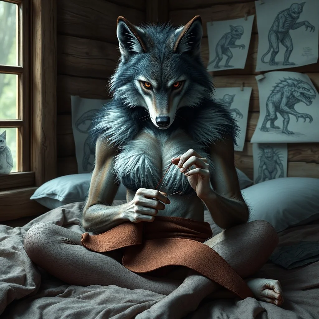 an anthropomorphic wolf woman hybrid with dark brown eyes full furry on her body sitting in the middle of a bed with a sewing needle and thread in her paw sewing a wide material belt, around her in the background are some paper with sketchy line kind drawings from monster on the walls of the wooden house, high realistic, detailed, cinematic, sci-fi, digital art, dark fantasy mood