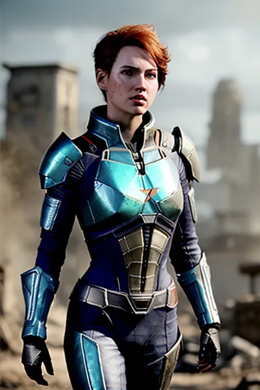 ultrarealistic, ruined city,__mass effect armor__, __angles__, 19 year old woman, strikingly beautiful, ginger hair, silver colour, [__starlets__|__starlets__], (pale __skincolor__ skin:1.2), __camera__, _hair_, detailed face and eyes, medium breasts, leather choker, freckles, dynamic pose, resolved expression, __accessory__, strappy outfit, (straps:1.1), sword in scabard on left hip, (buckles, buttons, snaps, rings:1.0), haltertop style breastplate, detailed eyes, plump lips, sci-fi theme