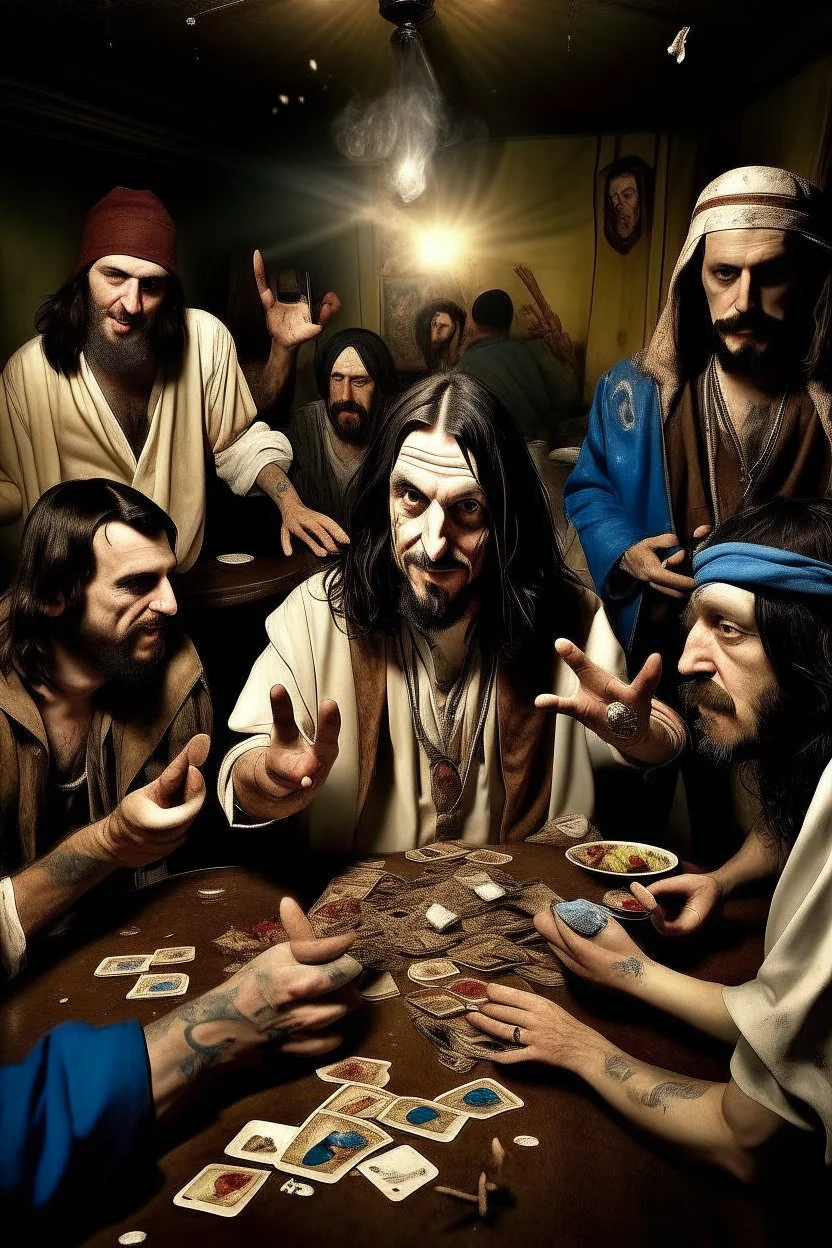 Jesus, Elvis, Jordan and some friends smoking and playing cards, davinci. Surreal. Agony face, smile, pain scream. Fish eye lense camera. Perfect composition.