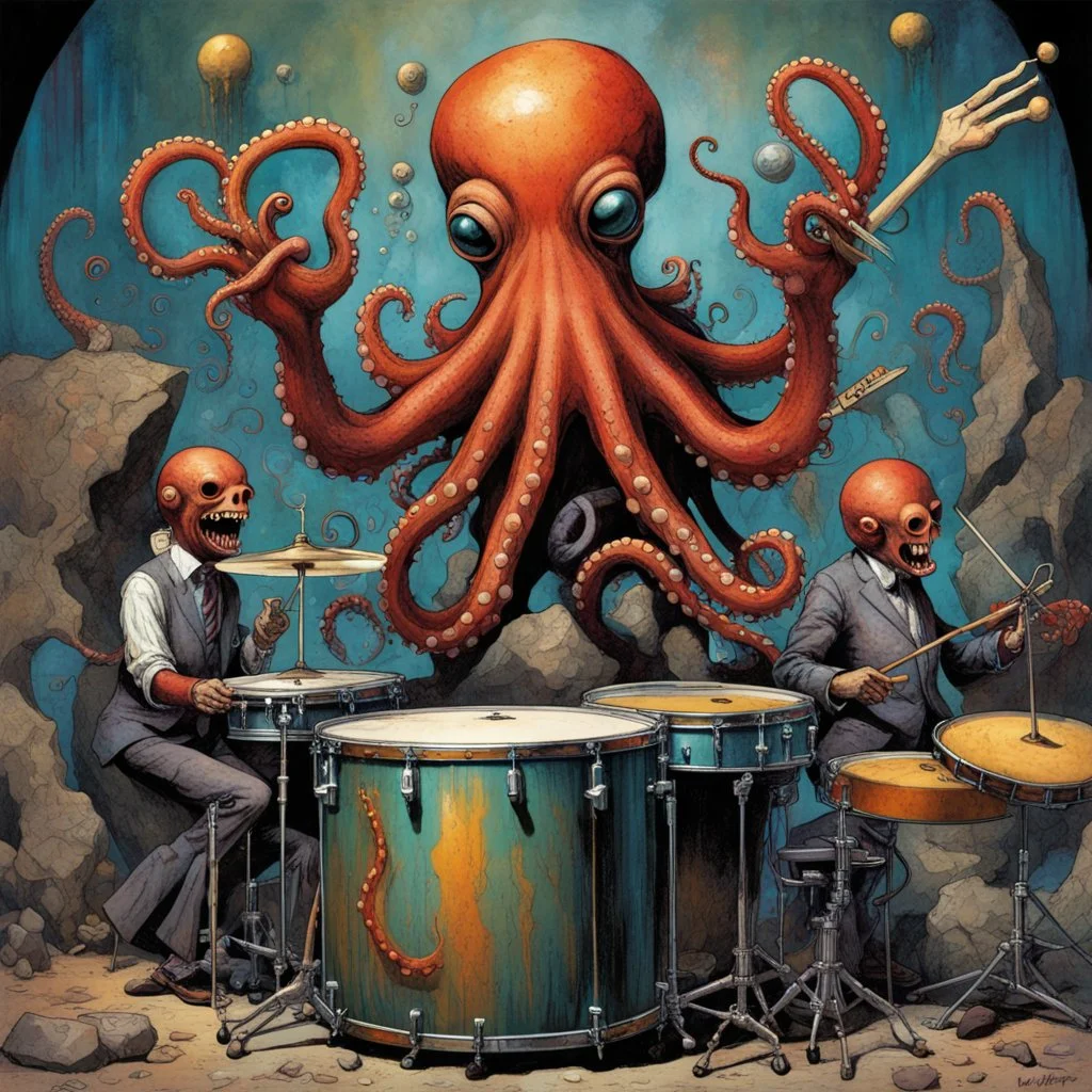 Surreal anthropomorphic Octopus playing drums in a rock and roll band, multiple arms holding drumsticks, large drum set, by Dave McKean, by Tim White, by Aaron Brooks, modern comic book art, maximalist, palpable textures, distressing hues, McKean's distinctive visceral style, detailed line work, rich sharp colors.