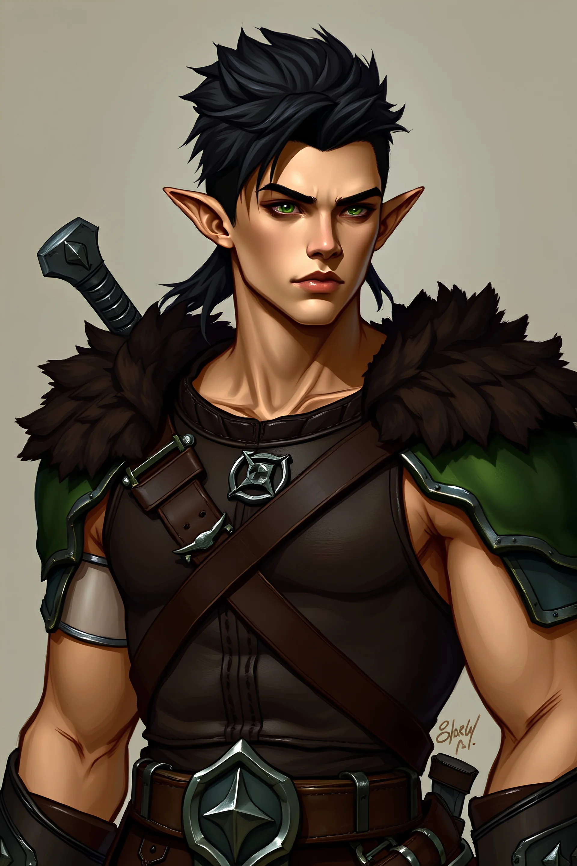 medieval style, a young, tall, male elf man with mullet cut black hair, wearing leather armor. muscular build. tan skin. large arms. large chest. thick neck. green accent armor.