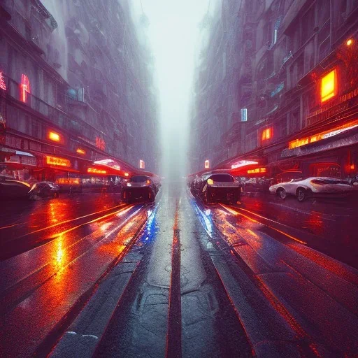 Cyberpunk street view in night , paris , rain, ground reflection