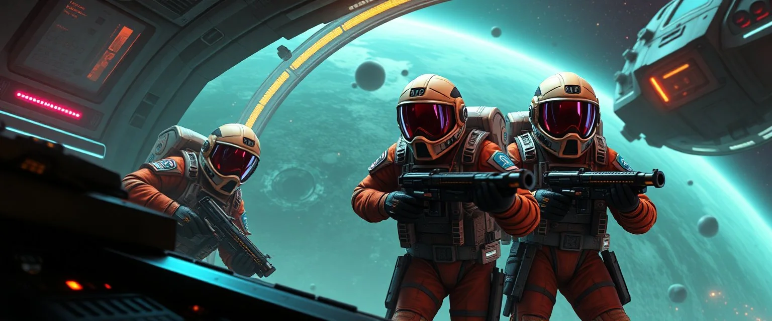 cowboy astronauts in a spaceship cyberpunk warhammer madness