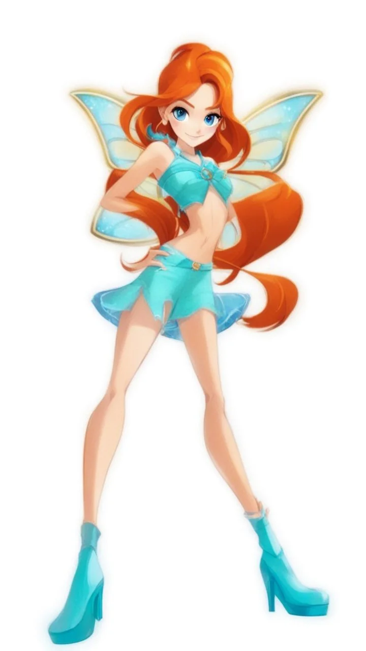 Create a full body realistic image of Bloom from Winx Club. She is a slightly fair-skinned girl with waist-length red-orange hair, and a single small hair strand sticking up. Her eyes are large and cyan. She's wearing a (sparkly light blue top with a gold jewel at the center of her chest), along with a matching (light blue miniskirt) and (light blue ankle boots). She has light (blue gloves) on her arms from elbow to wrist and a small (golden tiara) with rounded points at the top of her head. Her