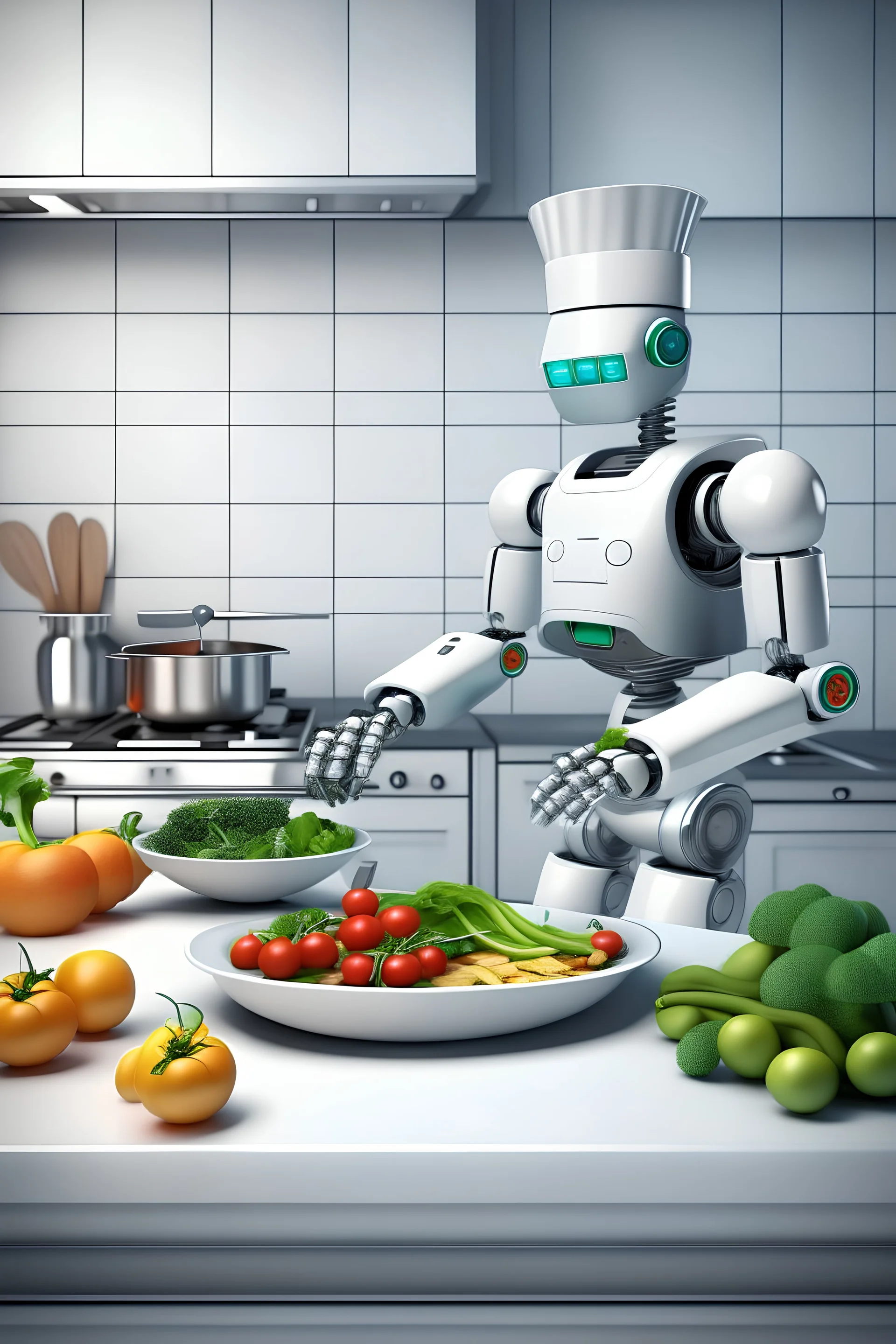 Friendly Robot chef chopping vegetables in the kitchen