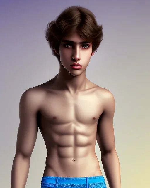 beautiful 12 year old arabic boy with long, curly hair and light blue eyes,shirtless