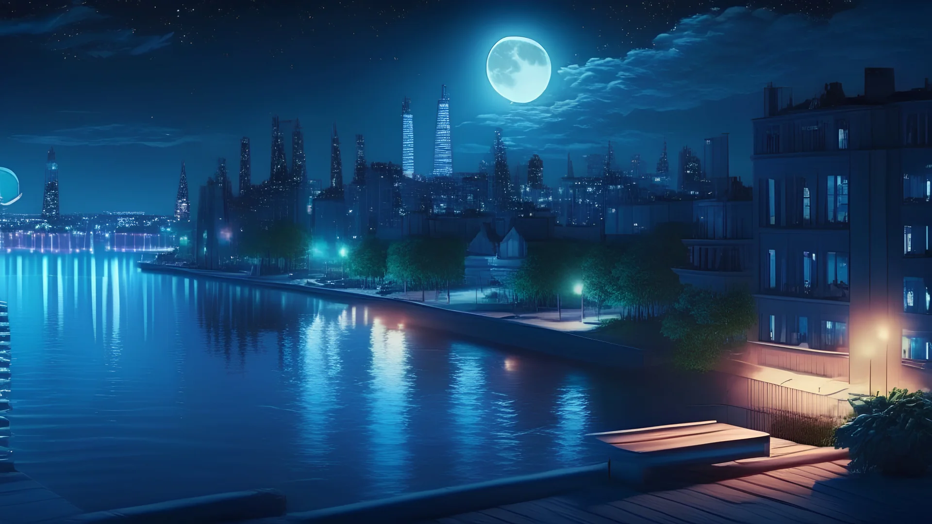 photo realistic and beautiful chill-out urban summer city night scene
