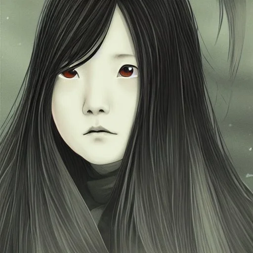 Sadako Yamamura (Ringu, 1998) ; screenshot, Dark Foggy Georgeous Horror Dark Fantasy Art by James Bousema, digital illustration, evil,wild, cold stare ,photo-realistic, 32K,dynamic colors,high details,high definition,crystal clear image,aspect ratio 33:1,DIGITAL ILLUSTRATION by James Bousema Modifiers: Nikon D850 elegant Award winning photography fantasy photorealistic very attractive