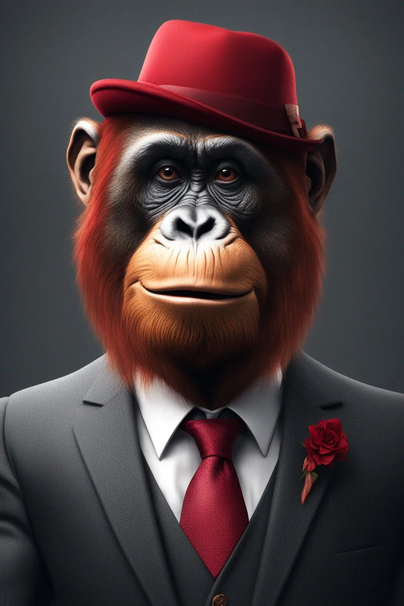 Anthropomorphic orangutan with red hat, hyper-realistic suit and tie 8k