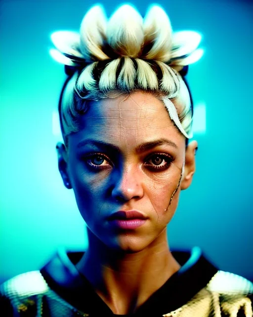 portrait, Shakira, blonde artist, angry, Realistic image, MMA robe, hoodie, mma gloves, fight pose, make-up make-up, gold line make-up, sweat, fog, goddess style, Neon colors, leds. Black background, photo studio, concept art, smooth, unreal engine 5, god lights, ray tracing, RTX, lumen lighting, ultra detail, volumetric lighting, 3d, finely drawn, high definition, 4k.